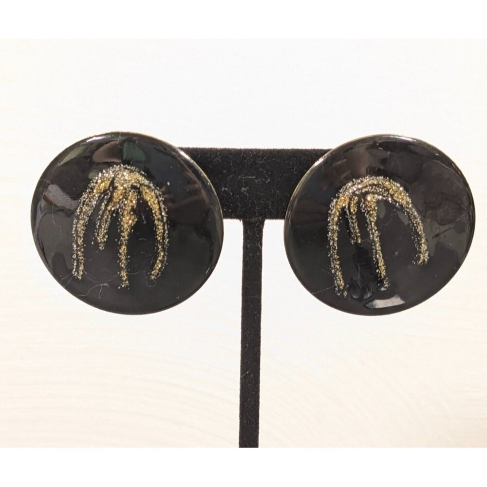 Vintage Round Black Enamel Earrings Gold Drip Art Deco Look Pierced‎